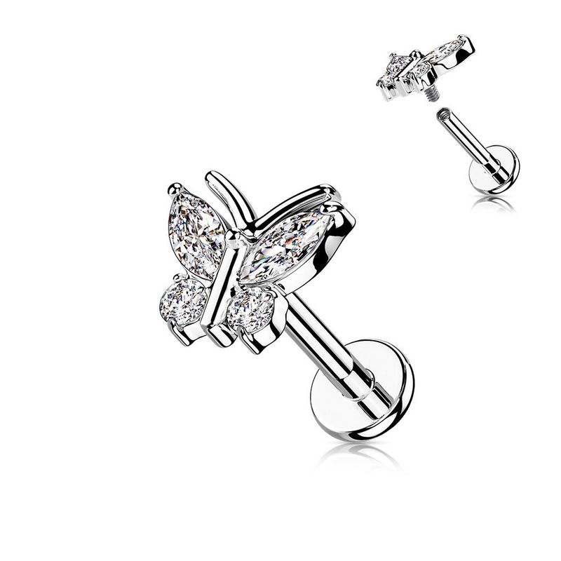 Schmetterling Labret, Butterfly mit Zirkonia,  für Tragus, oder Helix , 1,2mm x 6mm, 316L Chirurgenstahl