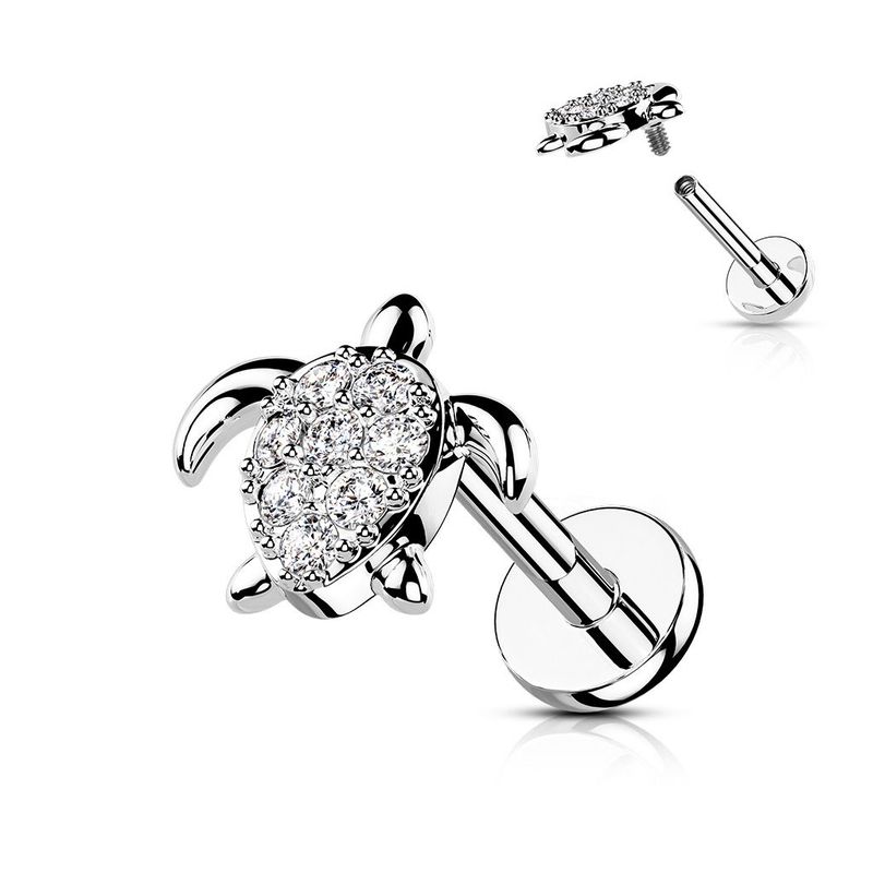 Schildkröte Labret, Turtle mit Zirkonia, in Silber oder Gold für Tragus, oder Helix , 1,2mm x 6mm, 316L Chirurgenstahl