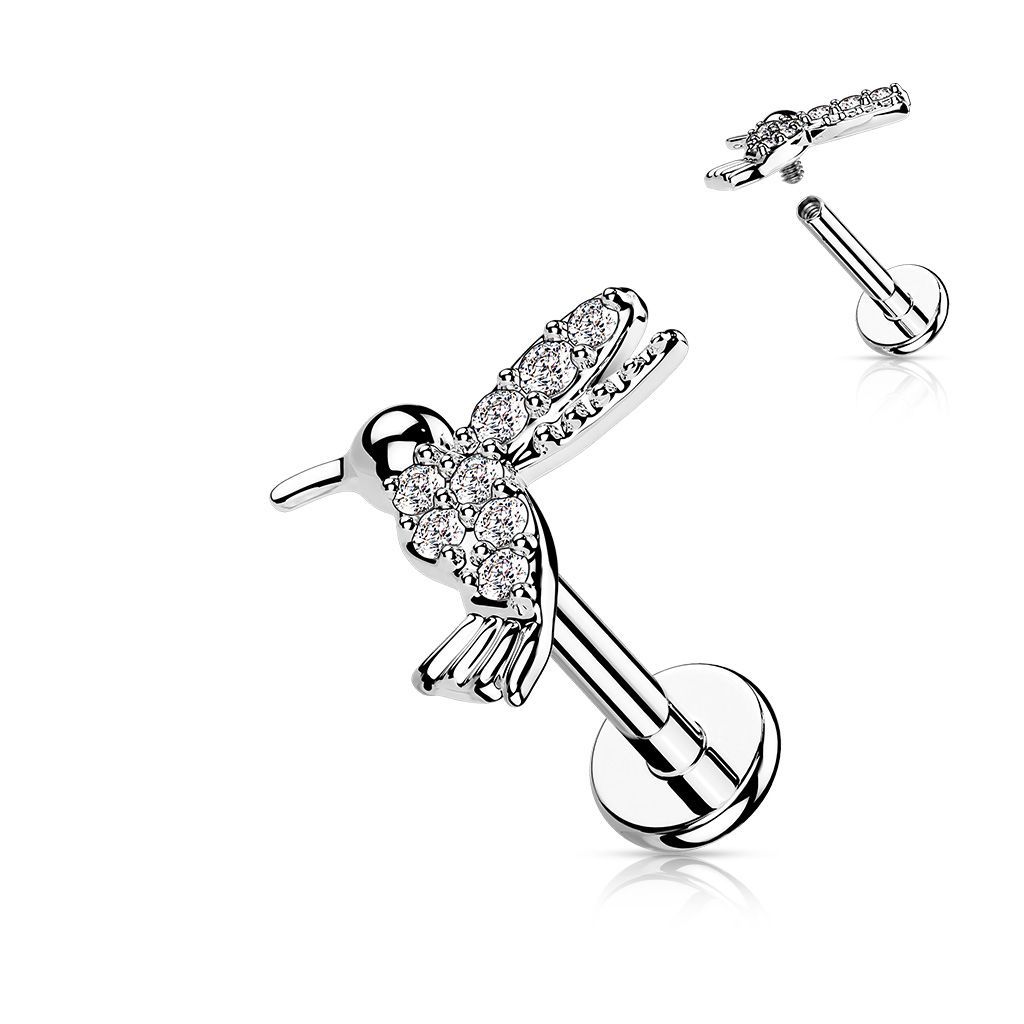 Kolibri Labret, Bird mit Zirkonia,  für Tragus, oder Helix , 1,2mm x 6mm oder 8mm, 316L Chirurgenstahl