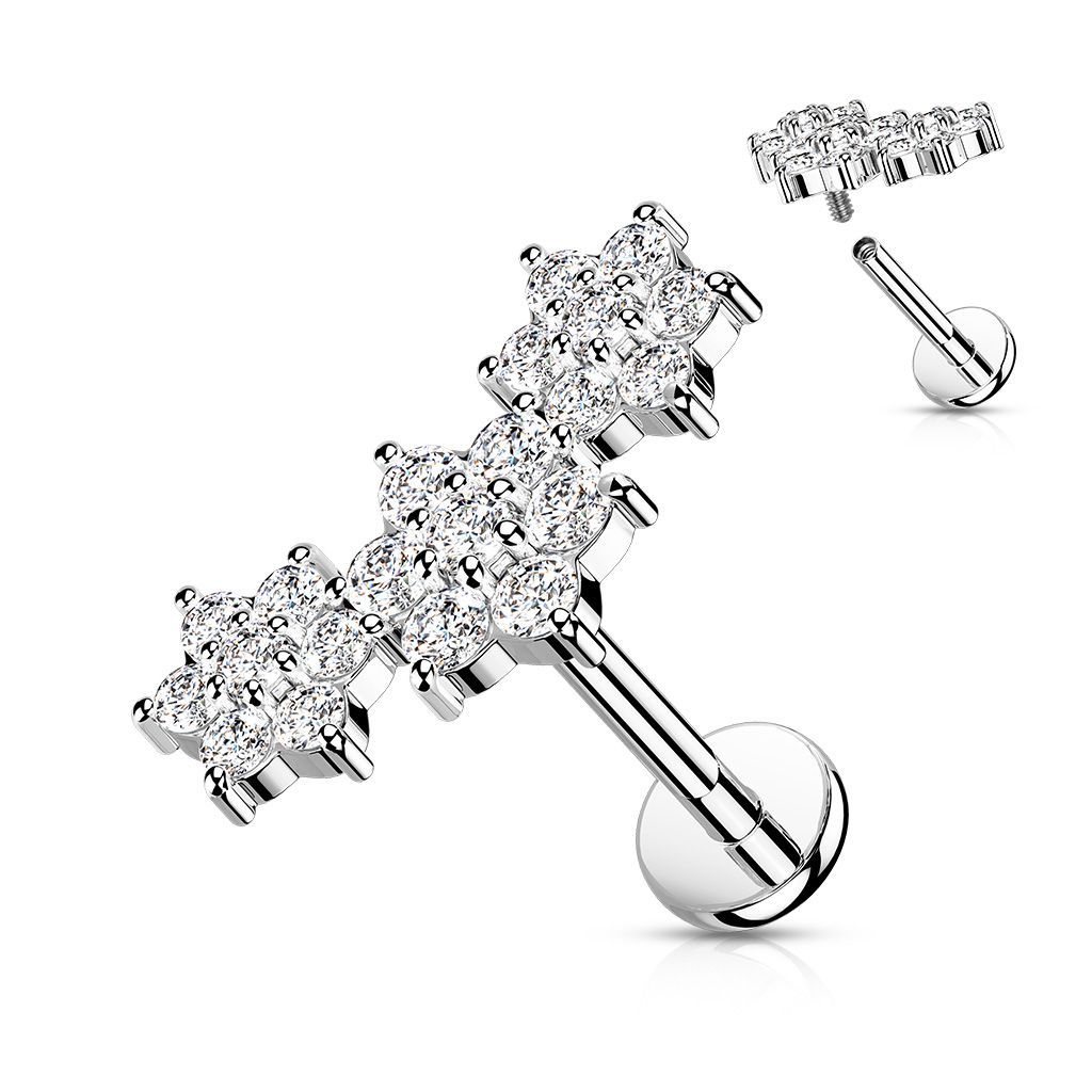 3er Blume Labret gebogen mit Zirkonia,  für Tragus, oder Helix , 1,2mm x 6mm oder 8mm Länge, 316L Chirurgenstahl
