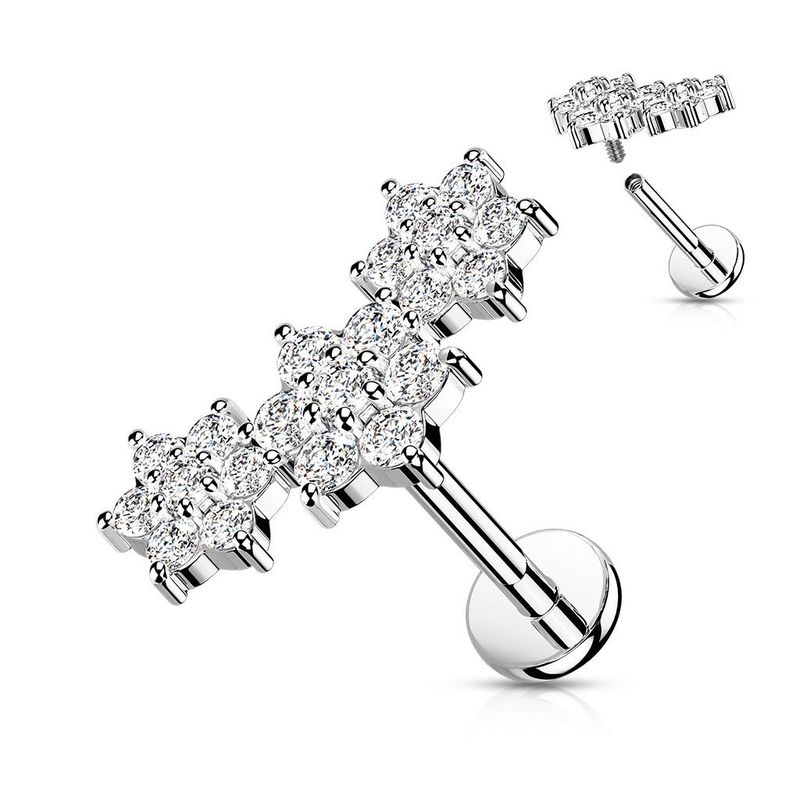 3er Blume Labret gebogen mit Zirkonia,  für Tragus, oder Helix , 1,2mm x 6mm oder 8mm Länge, 316L Chirurgenstahl