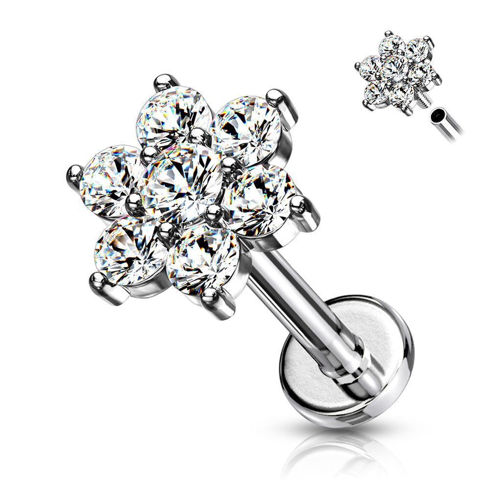 Sternen Labret mit Zirkonia,  für Tragus, oder Helix , 1,2mm x 6mm, 316L Chirurgenstahl