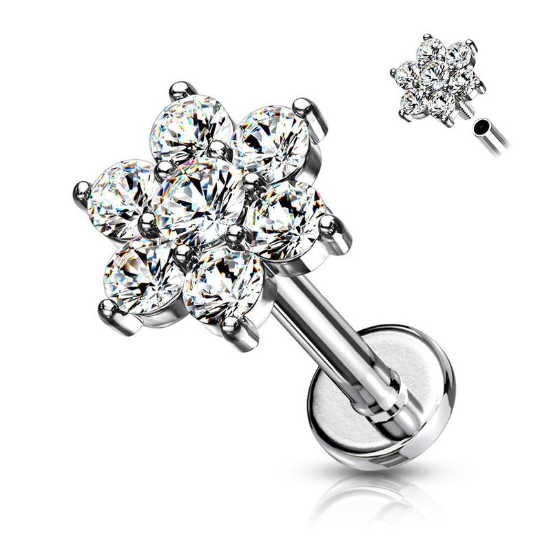 Sternen Labret mit Zirkonia,  für Tragus, oder Helix , 1,2mm x 6mm, 316L Chirurgenstahl