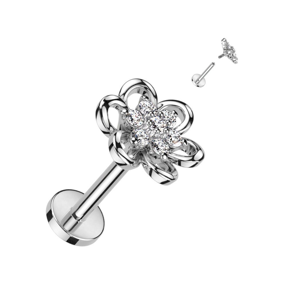 Blume Labret mit Zirkonia,  für Tragus, oder Helix , 1,2mm x 6mm, 316L Chirurgenstahl