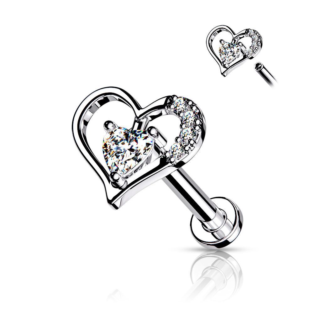 Herz Labret mit Zirkonia,  Lovely Heart für Tragus, oder Helix , 1,2mm x 6mm, 316L Chirurgenstahl