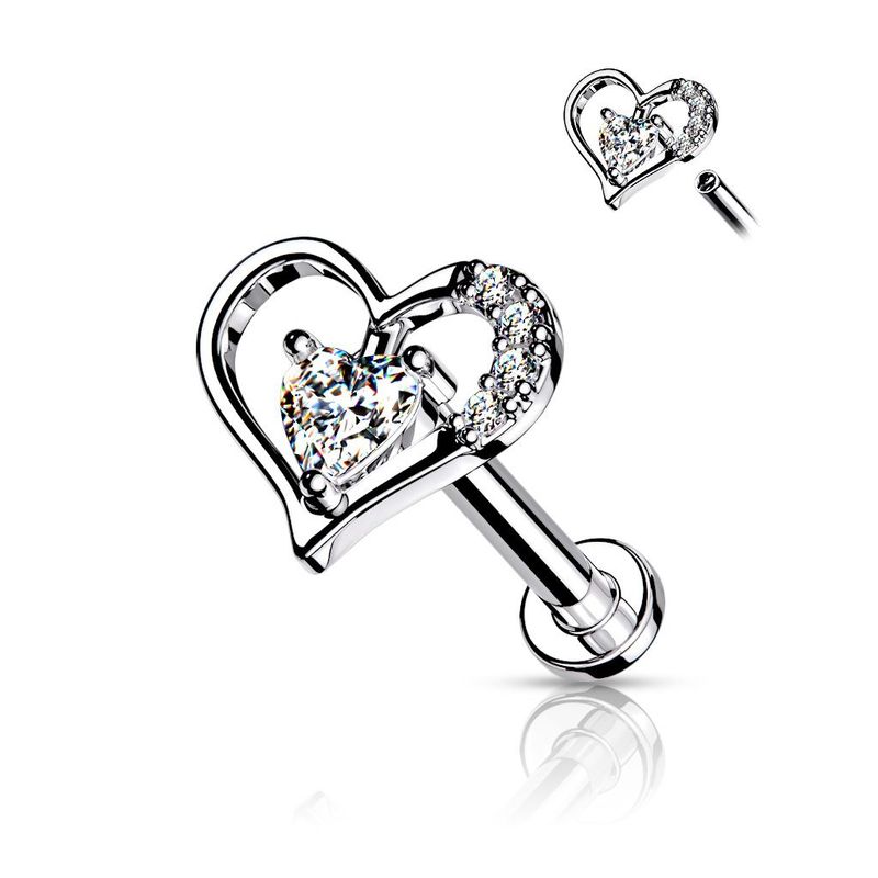 Herz Labret mit Zirkonia,  Lovely Heart für Tragus, oder Helix , 1,2mm x 6mm, 316L Chirurgenstahl
