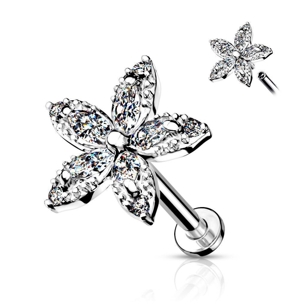 Stern Labret mit Zirkonia,  Big Star Stecker für Tragus, oder Helix , 1,2mm x 6mm, 316L Chirurgenstahl