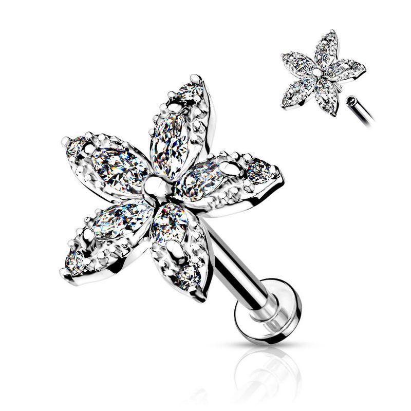 Stern Labret mit Zirkonia,  Big Star Stecker für Tragus, oder Helix , 1,2mm x 6mm, 316L Chirurgenstahl