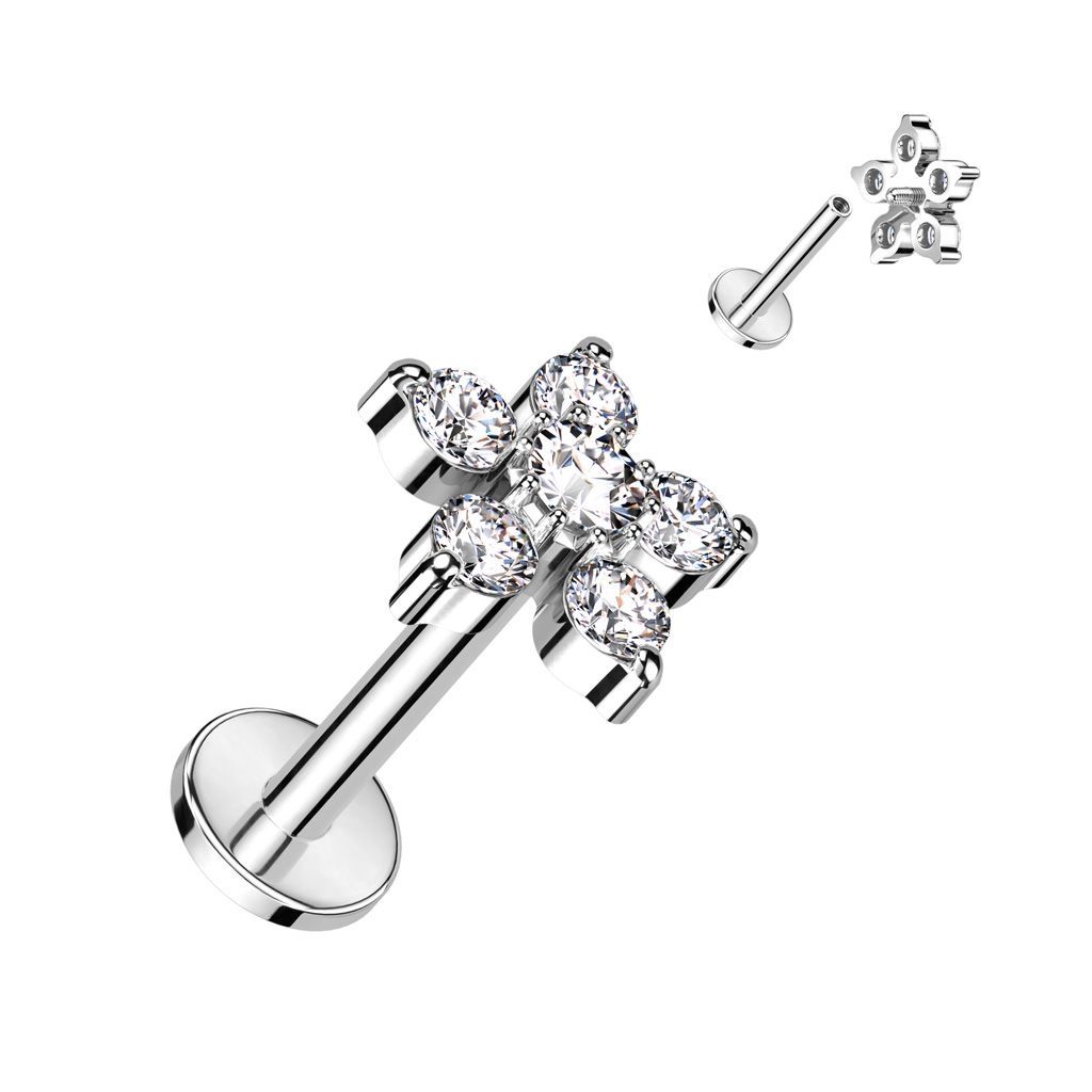 Stern Labret mit Zirkonia,   Star Stecker für Tragus, oder Helix , 1,2mm x 6mm, 316L Chirurgenstahl