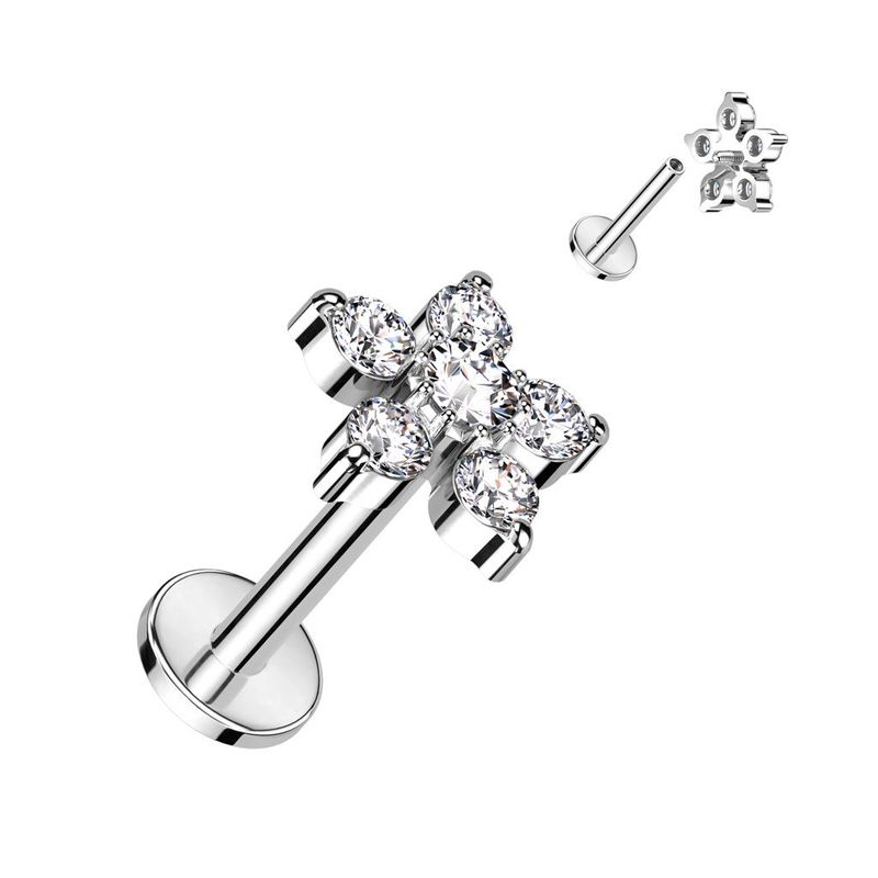 Stern Labret mit Zirkonia,   Star Stecker für Tragus, oder Helix , 1,2mm x 6mm, 316L Chirurgenstahl