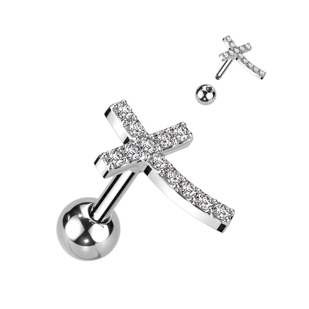 Kreuz gebogen Labret mit Zirkonia,   Cross Stecker für Tragus, oder Helix , 1,2mm x 6mm, 316L Chirurgenstahl