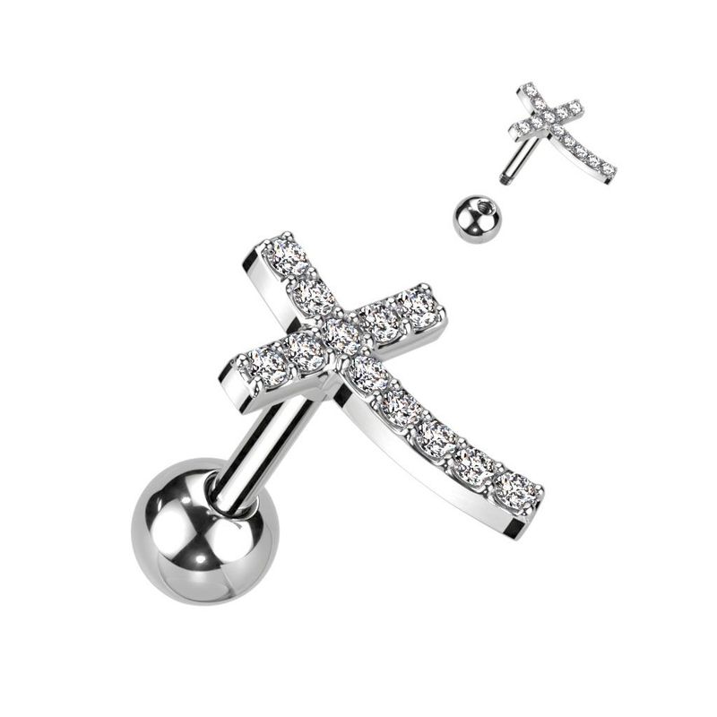 Kreuz gebogen Labret mit Zirkonia,   Cross Stecker für Tragus, oder Helix , 1,2mm x 6mm, 316L Chirurgenstahl