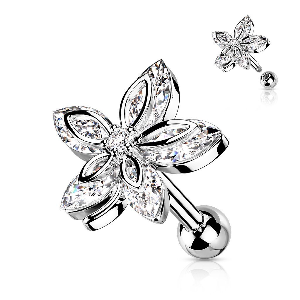 Blumen Labret mit Zirkonia,   Big Flower Stecker für Tragus, oder Helix , 1,2mm x 6mm, 316L Chirurgenstahl