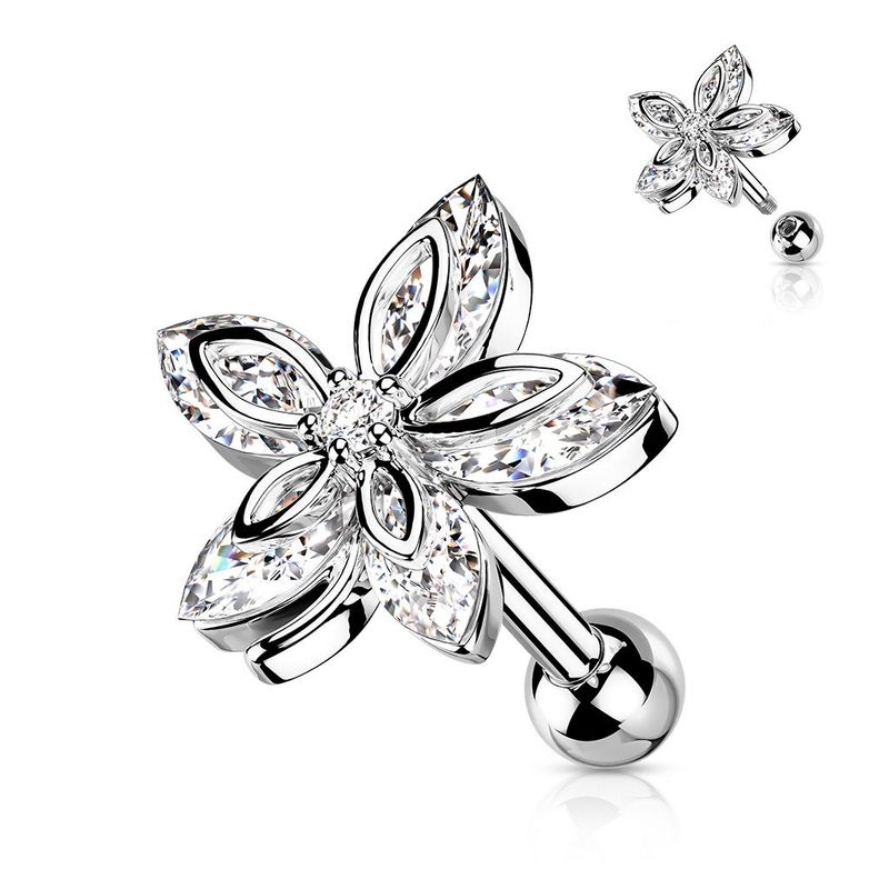 Blumen Labret mit Zirkonia,   Big Flower Stecker für Tragus, oder Helix , 1,2mm x 6mm, 316L Chirurgenstahl