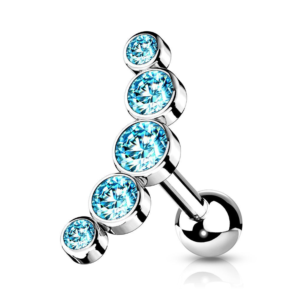 5 Stein Labret gebogen mit Zirkonia,   Stecker für Tragus, oder Helix , 1,2mm x 6mm, 316L Chirurgenstahl