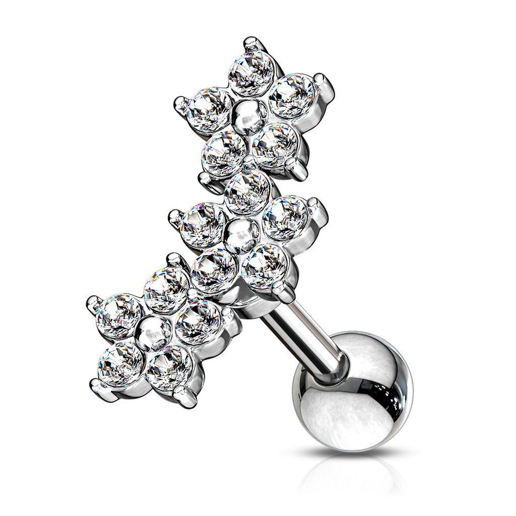 Gebogene 3er Blume,  Labret gebogen mit Zirkonia,   Stecker für Tragus, oder Helix , 1,2mm x 6mm, 316L Chirurgenstahl