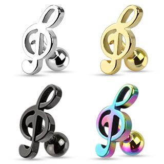 Notenschlüssel, Musikschlüssel,   Stecker für Tragus, oder Helix , 1,2mm x 6mm, 316L Chirurgenstahl