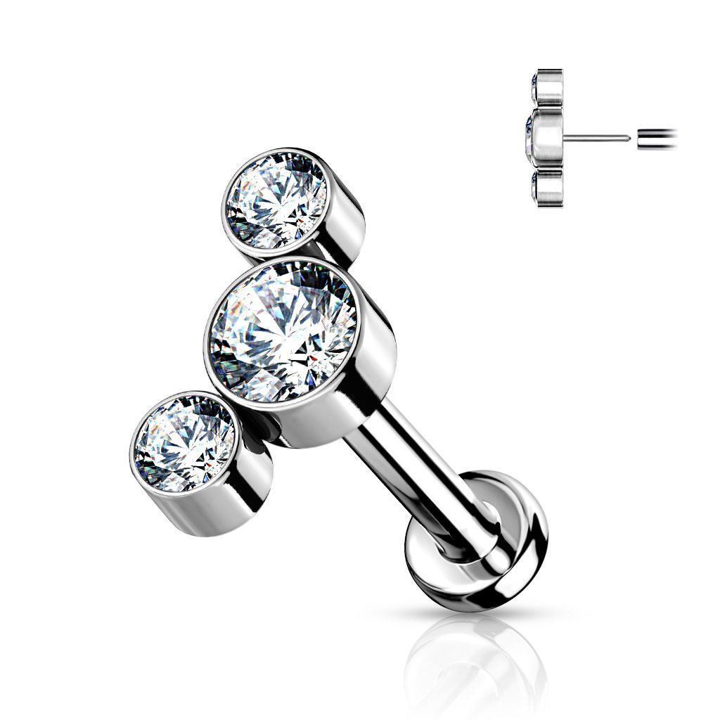 Titan Stecker 3 Steine gebogen in Crystal Clear (Weiß)   Stecker für Tragus, oder Helix etc. , 1,2mm x 8mm, Titan (Implant Grade Titanium)