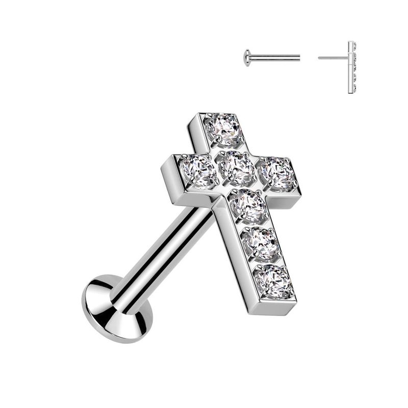 Kreuz Labret Stecker mit Zirkonia  in Crystal Clear (Weiß)   Stecker für Tragus, oder Helix etc. , 1,2mm x 8mm, 316L Chirurgenstahl