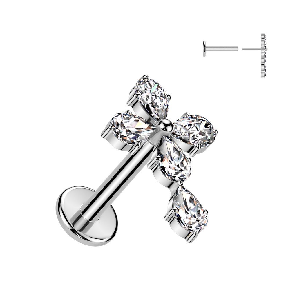 Kreuz mit Kristallen,  Labret Stecker mit Zirkonia  in Crystal Clear (Weiß)  in Silber, Stecker für Tragus, oder Helix etc. , 1,2mm x 8mm, 316L Chirurgenstahl