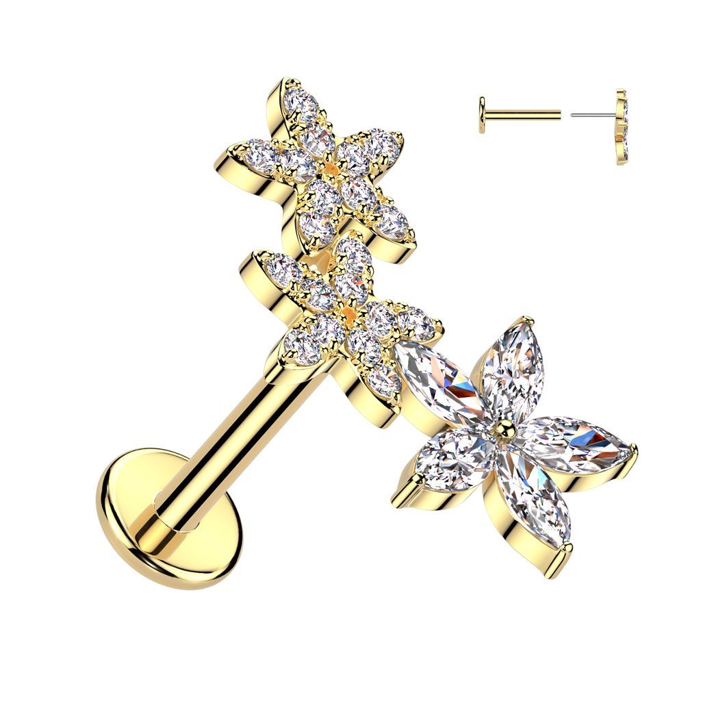 3 Stern gebogen,  Labret Stecker mit Zirkonia  in Crystal Clear (Weiß)  in Silber oder Gold, Stecker für Tragus, oder Helix etc. , 1,2mm x 8mm, 316L Chirurgenstahl