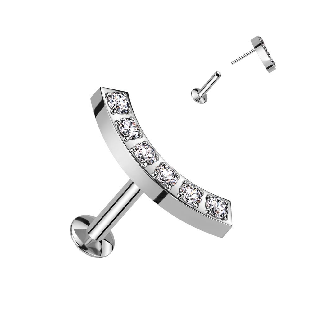 Gebogener 5 Stein Stecker mit Kristallen,  Labret Stecker mit Zirkonia  in Crystal Clear (Weiß)  in Silber, Stecker für Tragus, oder Helix etc. , 1,2mm x  6mm oder 8mm, 316L Chirurgenstahl