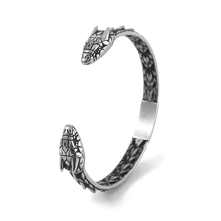 Midgard Schlangen, Jörmungandr Armreif, Viking Snake Bracelet aus 316L Edelstahl mit Vegvisir Symbol, verstellbar