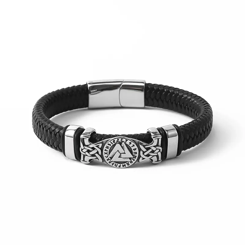 Valknut, Wotans Knoten Armband aus Edelstahl und Leder mit Sicherheitsverschluss in 21cm oder 23cm Länge