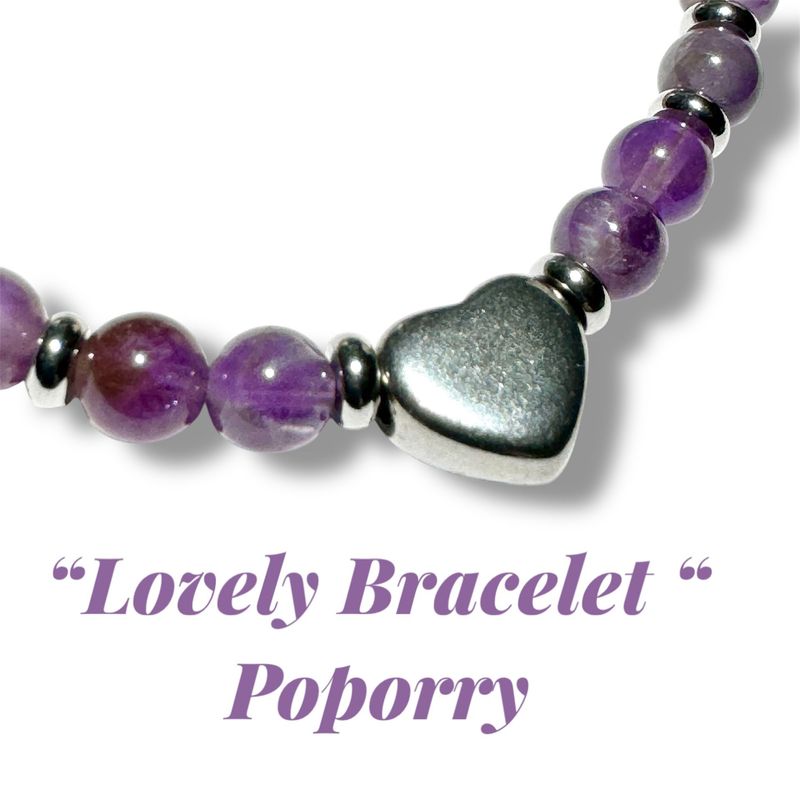 Lovely Amethyst Heart, Amethyst Armband aus echten Steinen mit Edelstahl Herz und Edelstahl Perlen, flexibel