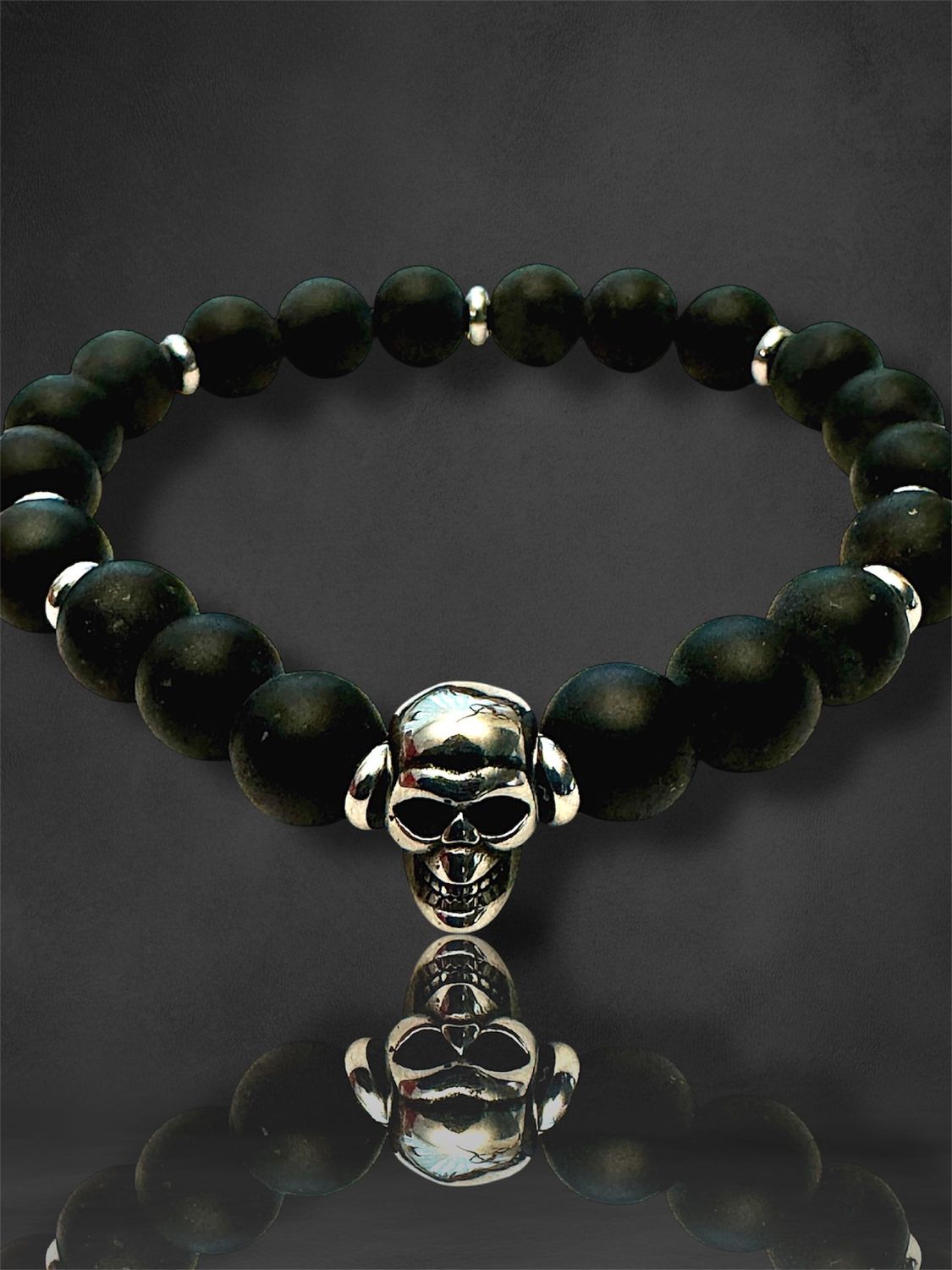 Schwarzes  mattes Obsidian (Echt Stein) Armband mit Edelstahl Totenkopf, elastisches Armband, Obsidian and Skull Bracelet
