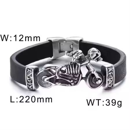Motorrad-Armband aus Leder und Edelstahl, Skull Biker Bracelet, Armband mit Totenkopf Motorrad