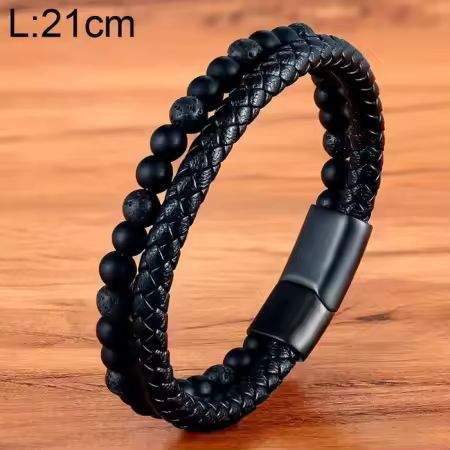 Lavastein und geflochtenes Leder, 2 reihiges offenes Leder - Armband mit Edelstahl - Sicherheitsverschluss in schwarz, 21 cm lang