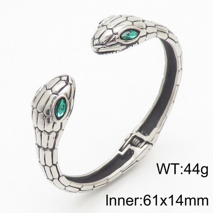 Schlangen Armreif, Doppelkopf Schlange mit grünen Augen ,  Unisex aus Edelstahl und Verstellbar durch Scharnier-Öffnung,  Innendurchmesser ca. 61mm (offen, verstellbar), Snake Bracelet