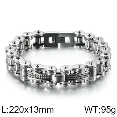 Raffiniertes Motorradketten Edelstahlarmband, Silber hochpoliert mit Edelstahl-Seilen in der Mitte, ca. 22 cm lang, 95 gramm schwer