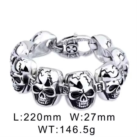 Totenkopf Armband aus 316L Chirurgenstahl, Skull Bracelet, schwer und massiv, 22 cm Lang mit 8 Totenköpfen und Karabiner Verschluss