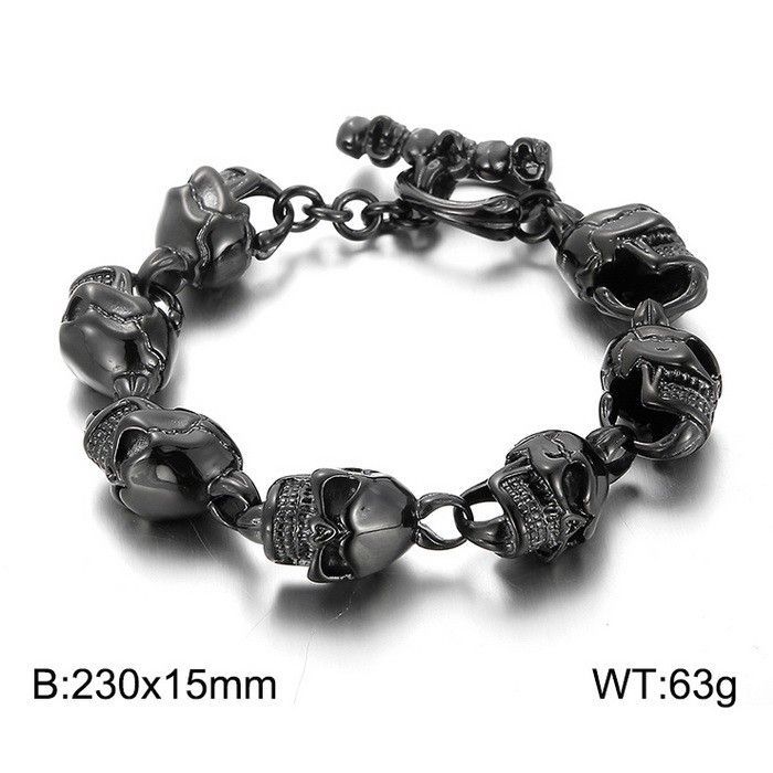 Schwarzes Totenkopf Armband aus 316L Chirurgenstahl, Skull Bracelet, flexibel, angenehm, leicht, 23 cm Lang mit 7 Totenköpfen und Haken Verschluss