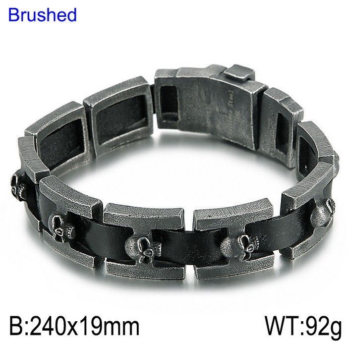 Schwarzes  Brushed Antik Totenkopf Armband aus 316L Chirurgenstahl und Leder,  Skull Bracelet Brushed,  22,5 cm bis 24 cm verstellbar durch raffinierten Sicherheitsverschluss