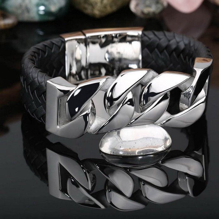 Wunderschönes männliches Panzerketten Armband mit Leder, schwer und massiv  23 cm...110 Gramm schwer !!!