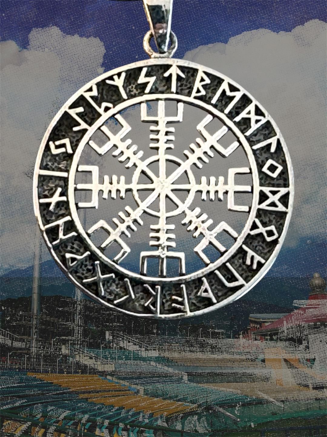 Vegvisir (Nordischer Kompass oder Wikinger Kompass) mit Runen, Echt Silber 925 Anhänger