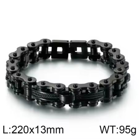 Raffiniertes Motorradketten Edelstahlarmband, Schwarz hochpoliert mit Edelstahl-Seilen in der Mitte, ca. 22 cm lang, 95 gramm schwer Raffiniertes Motorradketten Edelstahlarmband, Schwarz hochpoliert mit Edelstahl-Seilen in der Mitte, ca. 22 cm lang, 95 gramm schwer
