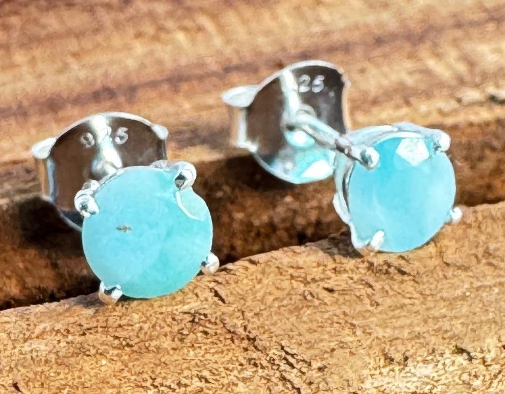 Larimar Ohrstecker, echt Silber, Cabochon rund , von Hand geschliffen,  Echte Steine, Paarpreis, Genuine Larimar Ear Studs