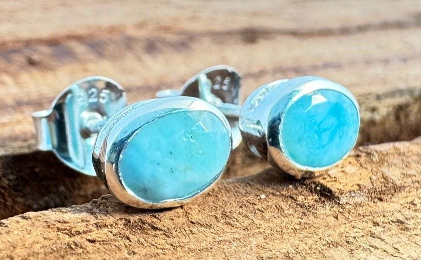 Larimar Ohrstecker, echt Silber, ovale cabochons ,  Echte Steine, Paarpreis, Genuine Larimar Ear Studs