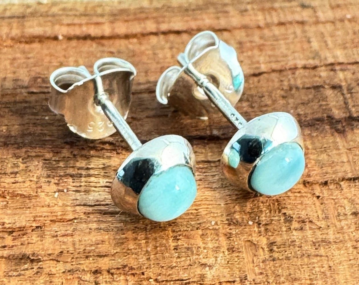 Larimar Silber Ohrstecker, Cabochon, Rund ,  Echte Steine, Paarpreis, Genuine Larimar Ear Studs