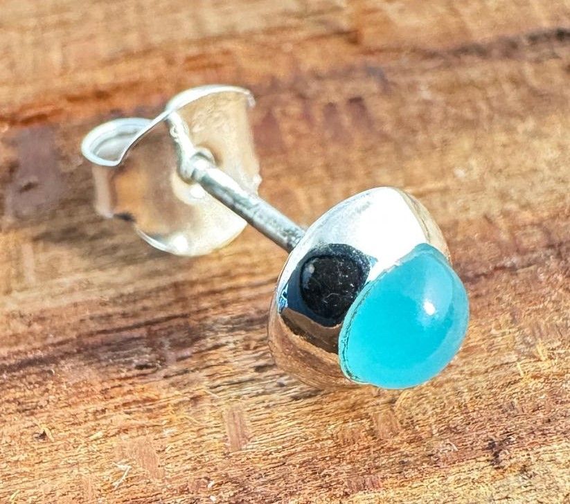 Chalcedon Silber Ohrstecker, Cabochon Rund ,  Echte Steine, Paarpreis, Genuine Chalcedonia  Ear Studs