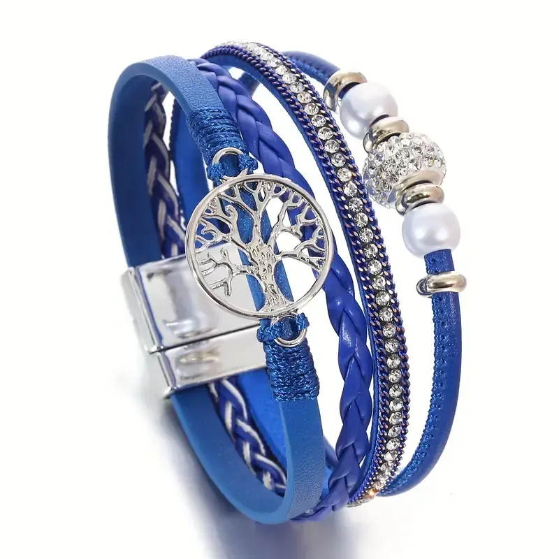 Lebensbaum Armband in Blau, mit raffiniertem Magnetverschluss,  PU Leder Dunkelbraun mit Muster, länge ca. 19cm