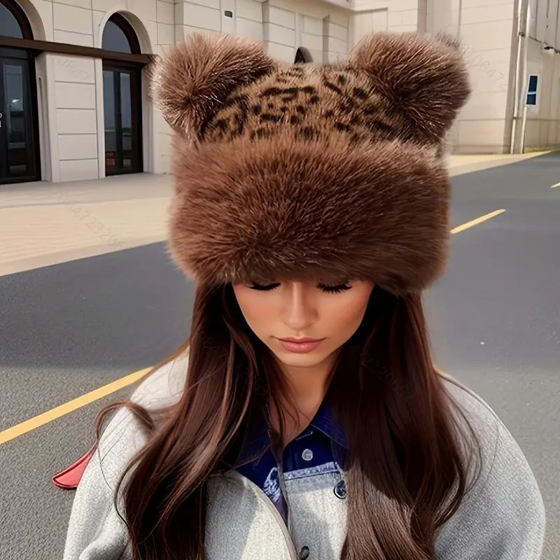 Damen Fell Hut mit Plüsch Ohren im Geparden Design Leichter Warmer Winterhut, Luxuriöser Damen Fell Hut aus Kunstfell Damen Fell Hut mit Plüsch Ohren im Geparden Design Leichter Warmer Winterhut, Luxuriöser Damen Fell Hut aus Kunstfell