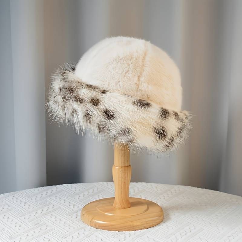 Luxuriöser Geparden Damen Fell Hut  Leichter Warmer Winterhut, Luxuriöser Damen Fell Hut aus Kunstfell in Weiß - Beige
