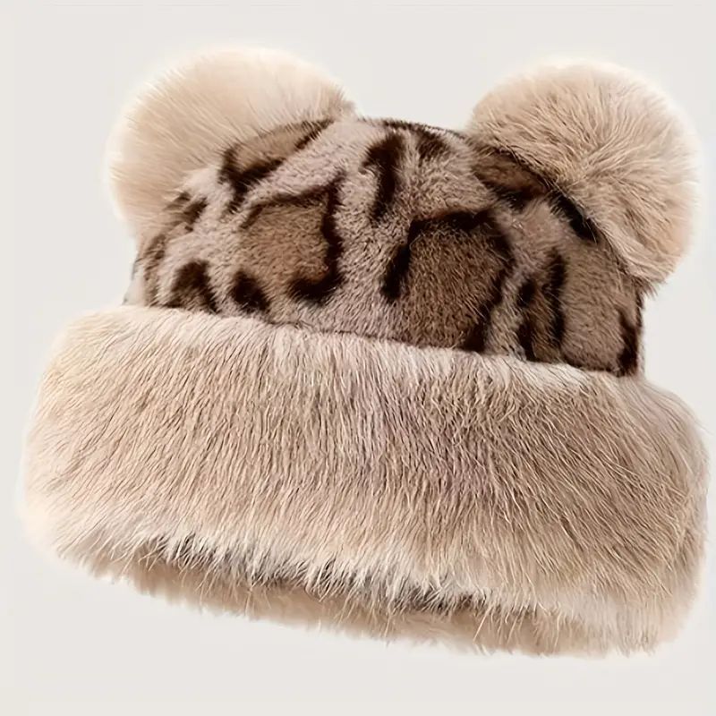 Damen Fell Hut mit Plüsch Ohren im Geparden Design Leichter Warmer Winterhut, Luxuriöser Damen Fell Hut aus Kunstfell in Beige