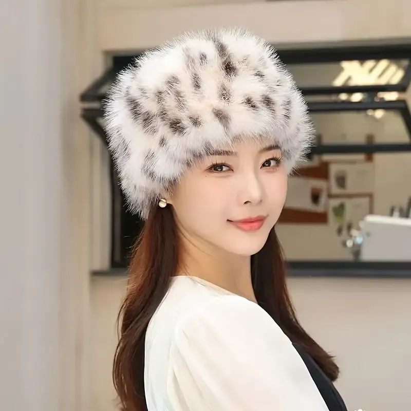 Luxuriöser Geparden Damen Fell Hut  Leichter Warmer Winterhut, Luxuriöser Damen Fell Hut aus Kunstfell in Beige / Braun