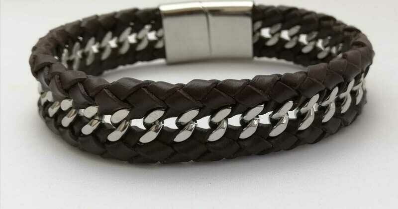 Braunes geflochtenes Leder Armband mit Edelstahl-Panzerkette in der Mitte, Lederarmband ,mit Edelstahl-Sicherheitsverschluss, braun, 21cm
